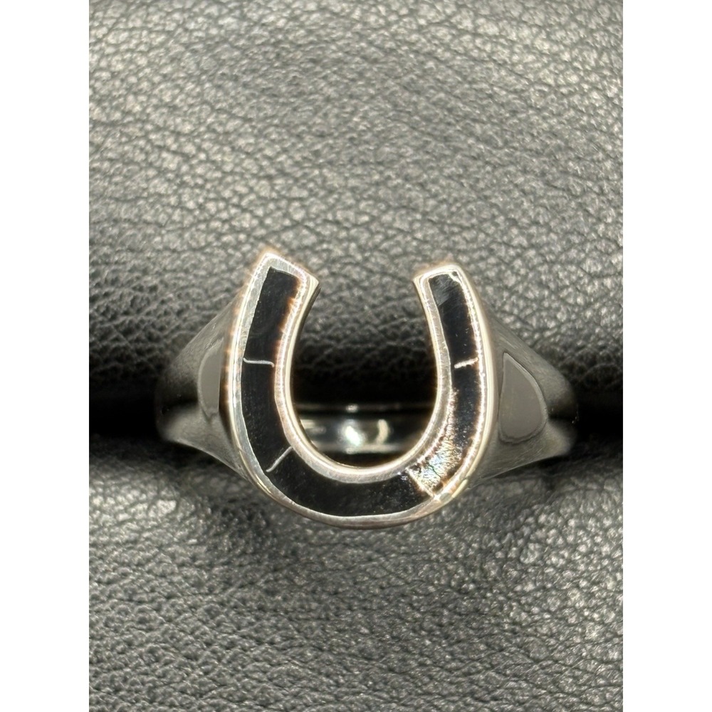 New Condition Sterling Silver Black Onyx Horseshoe Ring Size 11 G8